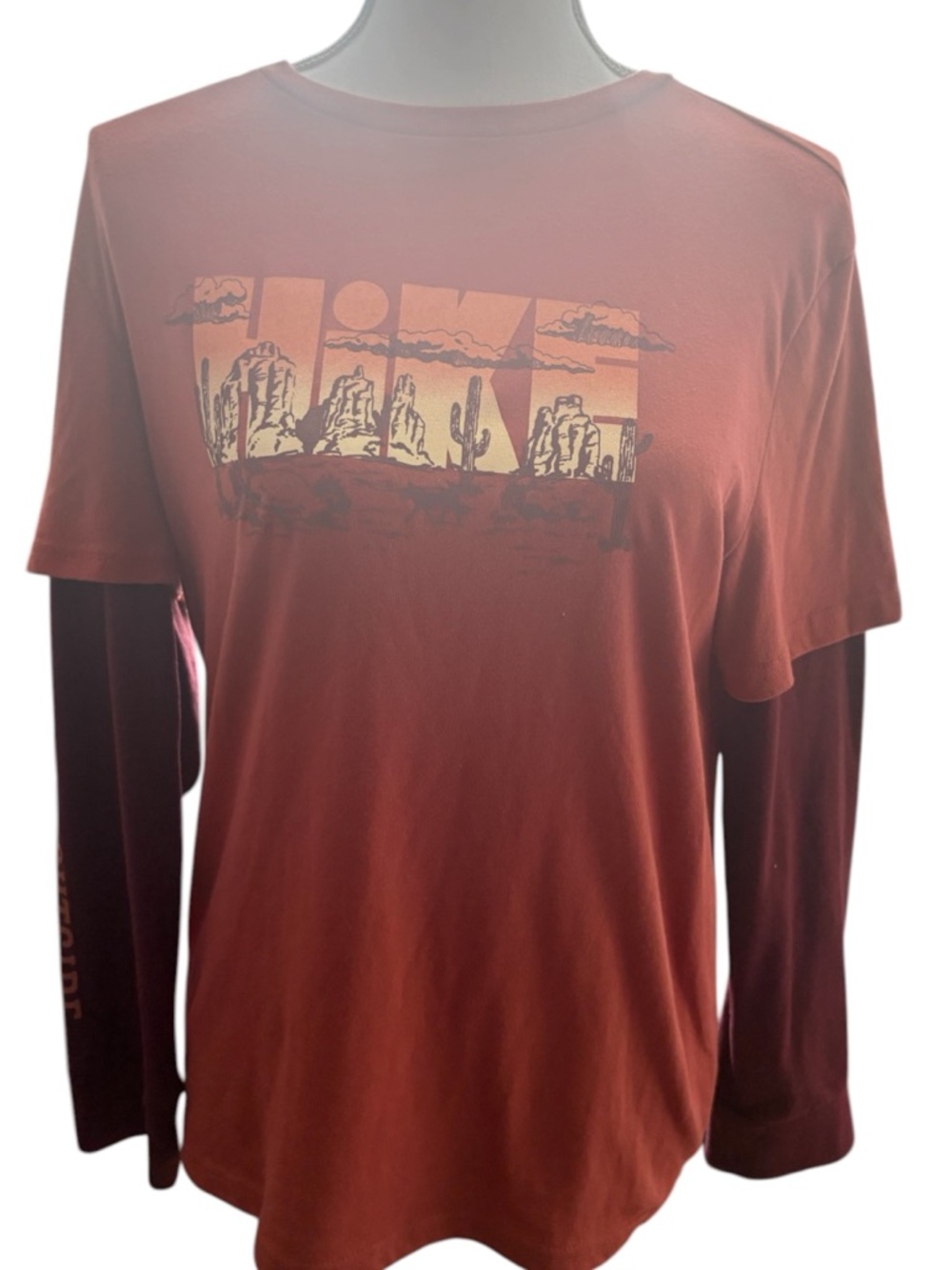 Sonoma Men's Rust and Cream Desert Graphic Layered-Look Long Sleeve Tee